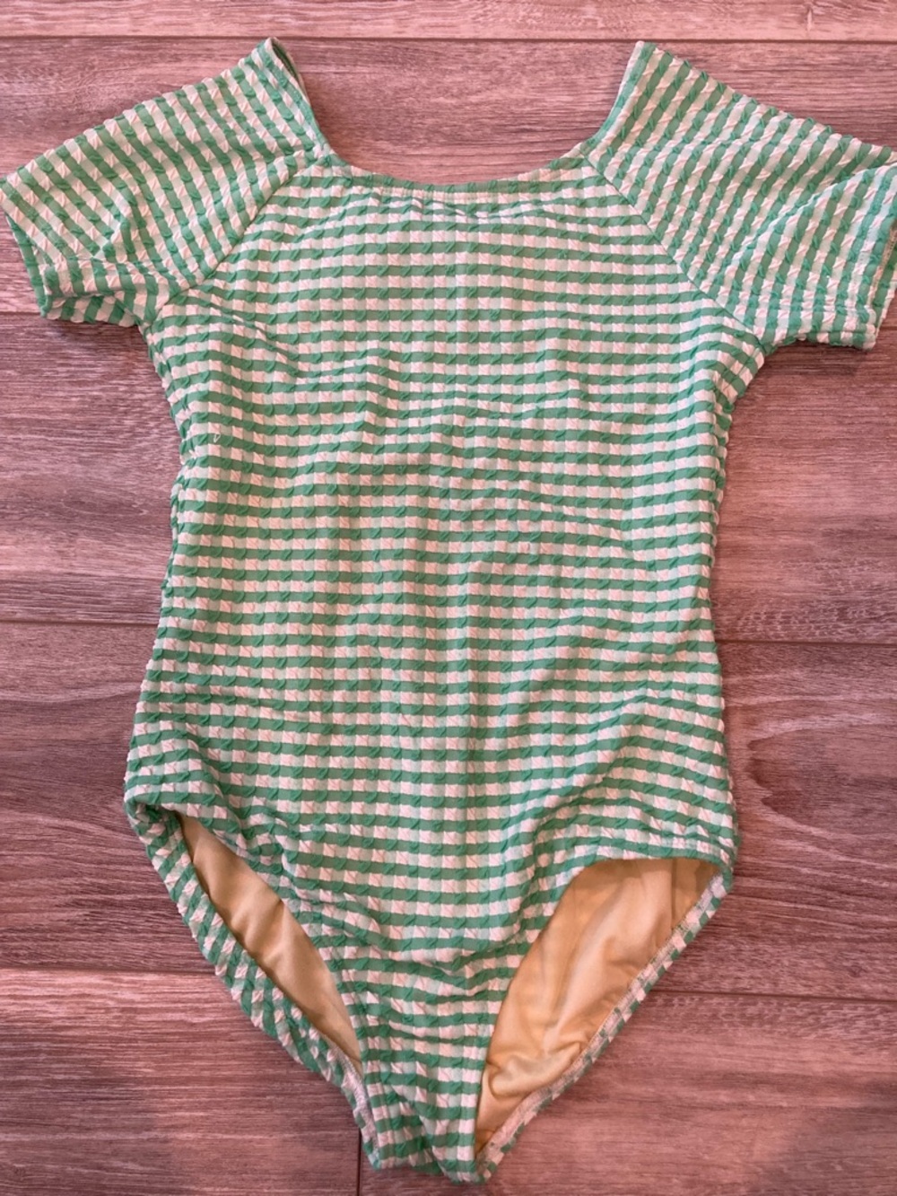 Girls Green and White Gingham Short Sleeve Swimsuit